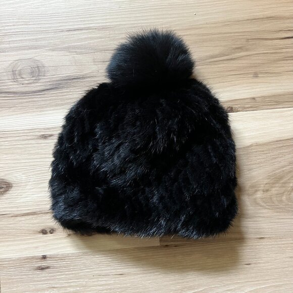 Mink Fur Hat with Fox Pom Pom - Picture 1 of 5